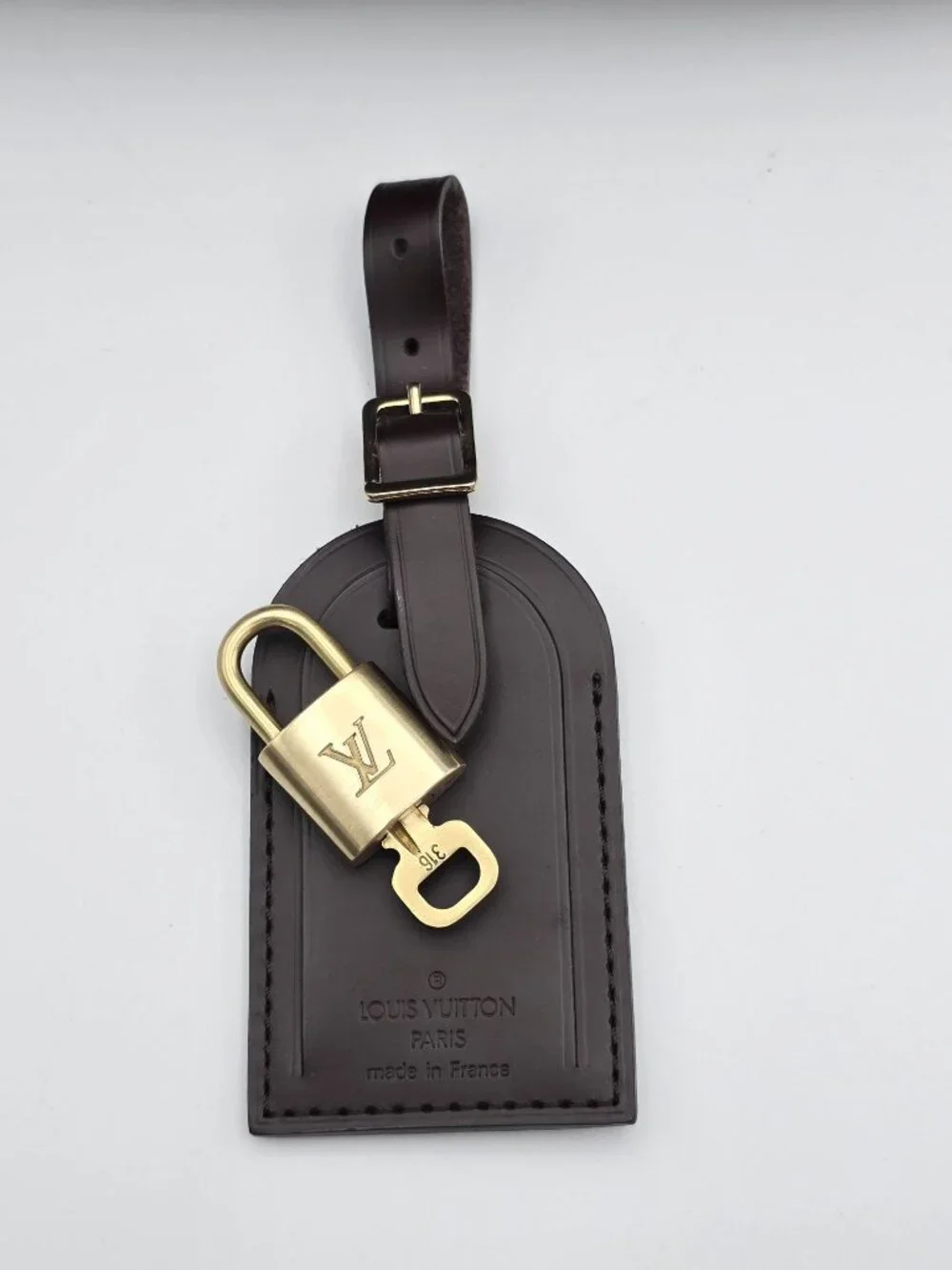 Authentic Louis Vuitton Brown Luggage Tag & Gold Padlock with Key-Made in France